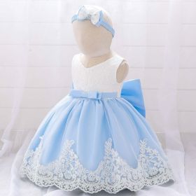 Baby Girl Floral Mesh Overlay Design Princess Full Moon Formal Dress & Headband - 80 (9-12M) - Blue