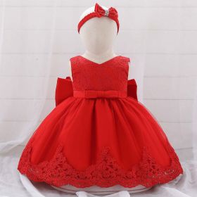 Baby Girl Floral Mesh Overlay Design Princess Full Moon Formal Dress & Headband - 73 (6-9M) - Red
