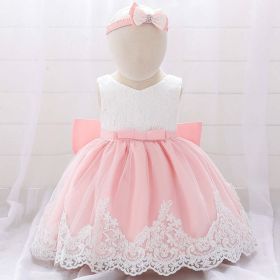 Baby Girl Floral Mesh Overlay Design Princess Full Moon Formal Dress & Headband - 73 (6-9M) - Light Pink