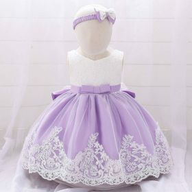 Baby Girl Floral Mesh Overlay Design Princess Full Moon Formal Dress & Headband - 90 (12-24M) - Purple