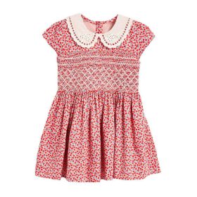 Baby Girl Ditsy Flower Print Hollow Carved Neck Knitted Waist Dress - 110 (3-5Y) - Red