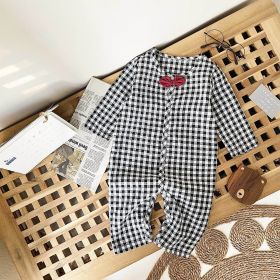 Baby Boy Plaid Pattern Bow Patched Design Cotton Jumpsuit - 73 (6-9M) - Black