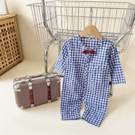 Baby Boy Plaid Pattern Bow Patched Design Cotton Jumpsuit - 80 (9-12M) - Blue
