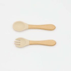 Baby Food Grade Wooden Handles Silicone Spoon Fork Cutlery - Average Size (0-8Y) - Apricot