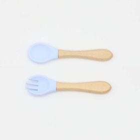 Baby Food Grade Wooden Handles Silicone Spoon Fork Cutlery - Average Size (0-8Y) - Light Blue