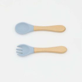 Baby Food Grade Wooden Handles Silicone Spoon Fork Cutlery - Average Size (0-8Y) - Navy Blue (Dark Blue)