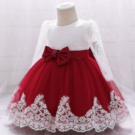 Baby Girl Bow Patched Design Long Sleeves Full Moon Christening Mesh Formal Dress - 90 (12-24M) - Wine