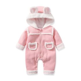 Baby Cute Long Sleeve Design Solid Color Thicken Warm Rompers With Hat - 80 (9-12M) - Pink