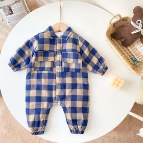 Baby Boy Plaid Pattern Snap Button Front Long-sleeved Thick Rompers - 73 (6-9M) - Blue