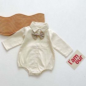 Baby Boy Solid Color & Bear Print Shirt Single Breasted Design Polo-Neck Onesies With Bow Tie - 90 (12-24M) - Apricot