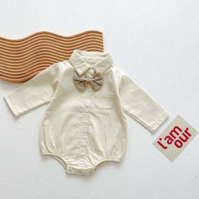 Baby Boy Solid Color & Bear Print Shirt Single Breasted Design Polo-Neck Onesies With Bow Tie - 90 (12-24M) - Apricot