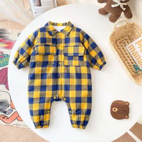 Baby Boy Plaid Pattern Snap Button Front Long-sleeved Thick Rompers - 66 (3-6M) - Yellow