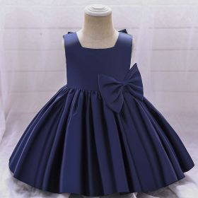 Baby Girl Solid Color Bow Patched Design Sleeveless Western Style Satin Dress - 73 (6-9M) - Navy Blue (Dark Blue)
