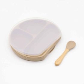 Baby Silicone Compartment Plate With Wooden Spoon - Average Size (0-8Y) - Khaki