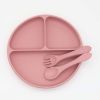 Baby Silicone Round Sucker Compartment Dinner Plate With Spoon Fork Sets - Average Size (0-8Y) - Pink