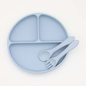 Baby Silicone Round Sucker Compartment Dinner Plate With Spoon Fork Sets - Average Size (0-8Y) - Blue