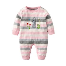 Baby Girl Pink Striped Pattern Embroidered Design Knitted Jumpsuit - 90 (12-24M) - Pink