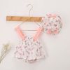 Baby Girl Floral Print Bow Decoration Design Sling Dress Onesies With Hat - 59 (0-3M) - Pink