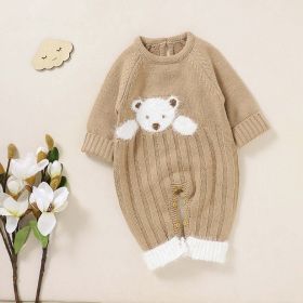 Baby Bear Jacquard Design Long Sleeve Cute Knitted Jumpsuits - 80 (9-12M) - Khaki