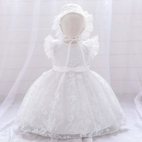 Baby Girl Solid Color Mesh Overlay Design Formal Baptism Birthday Gift Dress With Hat - 90 (12-24M) - White