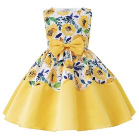 Baby Girl Flower Graphic Bow Patched Design Princess Screen Dress - 120 (5-7Y) - Yellow