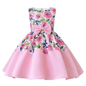 Baby Girl Flower Graphic Bow Patched Design Princess Screen Dress - 110 (3-5Y) - Pink