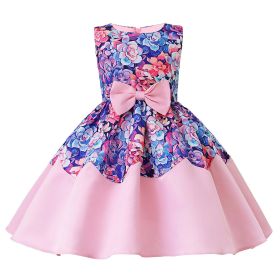 Baby Girl Flower Graphic Bow Patched Design Princess Screen Dress - 120 (5-7Y) - Purple