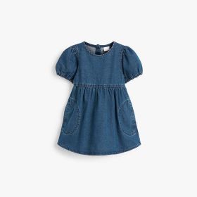 Baby Girl Solid Color Puff Sleeve Loose Denim Dress - 110 (3-5Y) - Blue