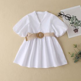 Baby Solid Color Waistband Patched Design Fashion Dress In Summer - 130 (7-8Y) - White