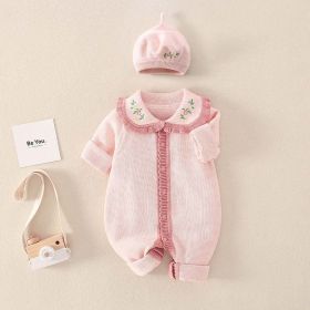Baby Girl Floral Embroidered Pattern Knitted Romper With Hat - 90 (12-24M) - Pink