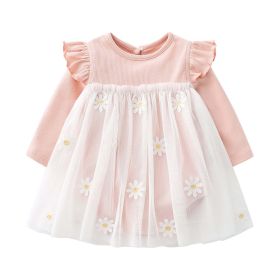 Baby Girls Floral Lace Patchwork Design Ruffle Long-Sleeved Dress Onesies In Spring & Autumn - 73 (6-9M) - Pink