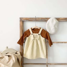 Baby Girl Solid Color Corduroy Fabric Tops Combo Bear Embroidery Straps Dress 2-Piece Sets - 73 (6-9M) - Apricot