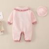 Baby Girl Floral Embroidered Pattern Knitted Romper With Hat - 59 (0-3M) - Pink