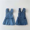 Baby Girl Denim Fabric Strap Design Pleated Dress Fashion Korean Style Dress - 80 (9-12M) - Blue