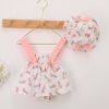 Baby Girl Floral Print Bow Decoration Design Sling Dress Onesies With Hat - 59 (0-3M) - Pink
