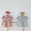 Baby Girls Floral Pattern Lace Patchwork Design Doll Collar Buttoned Puff-Sleeved Dress - 66 (3-6M) - Pink