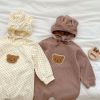 Baby Dot Pattern Cartoon Bear Patched Design Jumpsuit With Hat - 66 (3-6M) - Apricot
