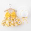 Baby Flower Pattern Bow Patched Design Sling Dress In Summer With Hat - 73 (6-9M) - Blue