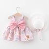 Baby Flower Pattern Bow Patched Design Sling Dress In Summer With Hat - 73 (6-9M) - Blue