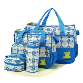 5PCS Baby Nappy Diaper Bags Set Mummy Diaper Shoulder Bags w/ Nappy Changing Pad Insulated Pockets Travel Tote Bags (Color: Blue)